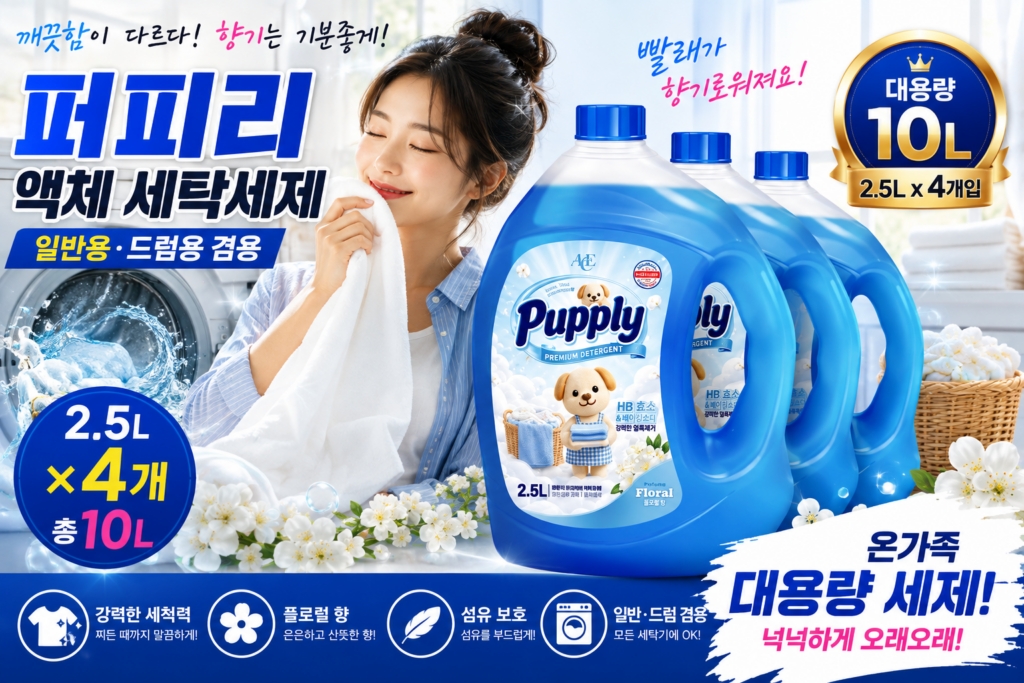 퍼피리 액체 세탁세제 일반용 드럼용 2.5L 4개 대용량 세제 제품 이미지