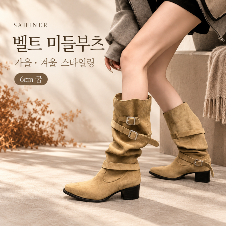 SAHINER 여성 미들부츠 BNX15｜카키 벨트 장식·6cm 굽, 27,500원