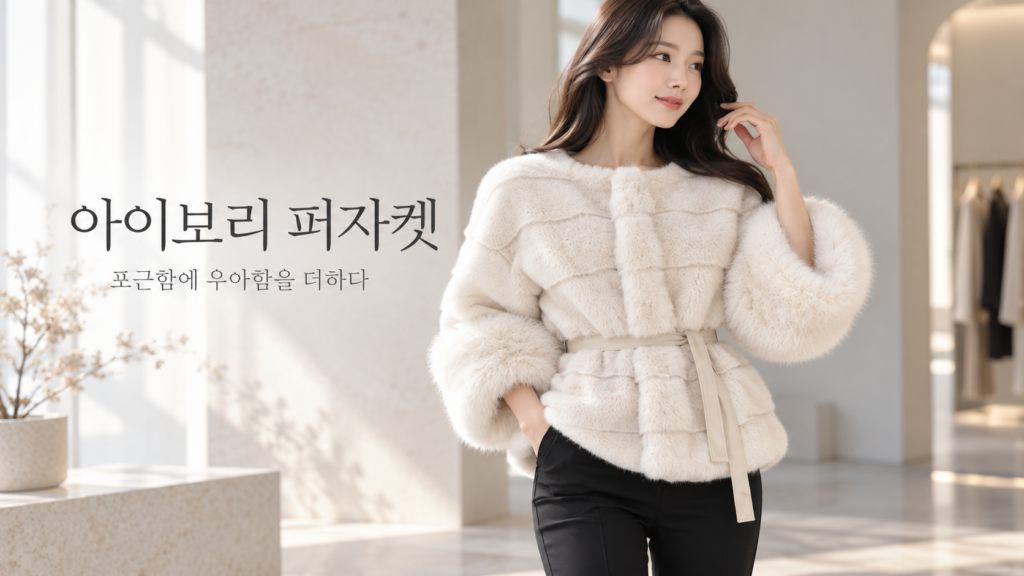 메르시M 벨트 폼폼이 퍼자켓｜아이보리로 완성하는 우아한 겨울 코디 제품 이미지