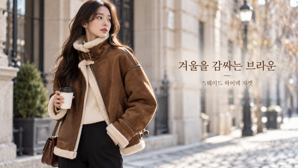 겨울 코디에 깊이를 더하다｜나비올라 브라운 스웨이드 하이넥 루즈핏 자켓 제품 이미지